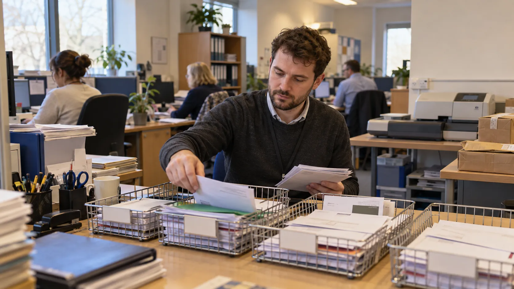 A case handler sorts opened post into labelled trays in a back office.